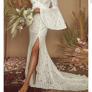 Lulus “Ivory lace bell sleeve maxi”